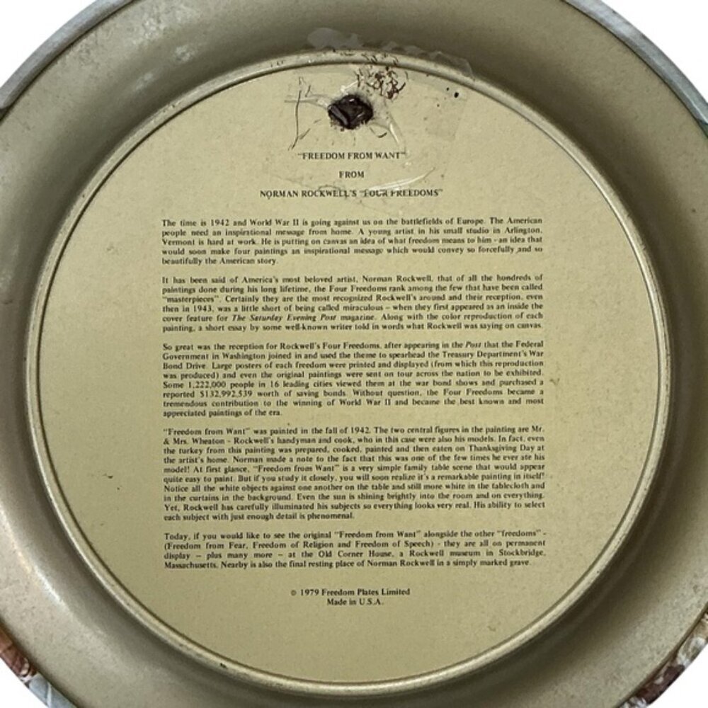 Norman Rockwell Thanksgiving Collector Metal Plate Four Freedoms Vintage 1979 - Picture 5 of 16